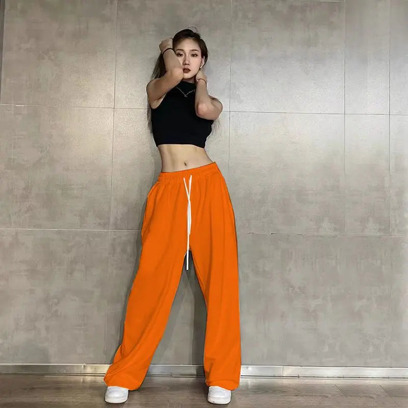 Hip Hop Leggings Sports Women's Spring and Autumn Patchwork High Waisted Drawstring Pockets Solid Color Loose Casual Jazz Pants