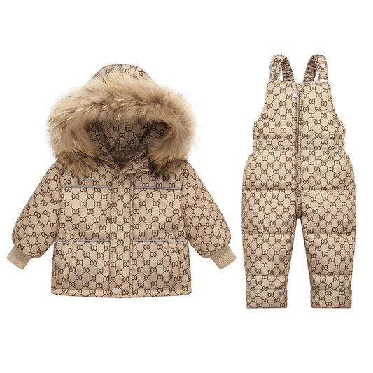 2023 Winter New 2 3 4 Years Baby Kids Clothing Thick Fur Hooded Jacket+Overalls Suit 2Pcs Duck Down Set for Kids Girls Boys