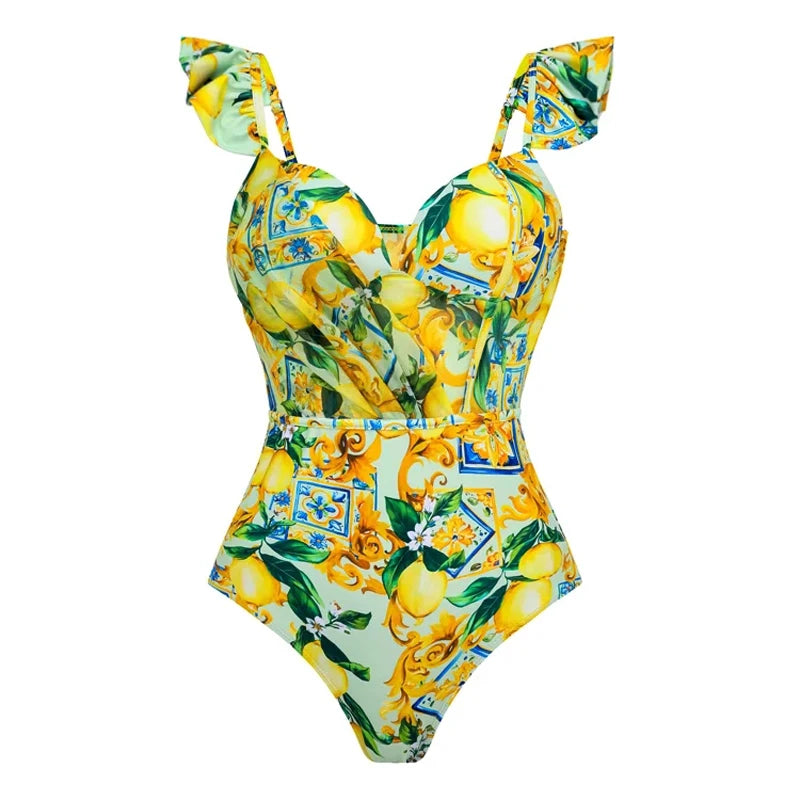 Bikini Set Bathing Suit for Women Lemon Print Tummy Control Strappy Swimsuits Wrap with Beach Lace Skirt Bathing Suit