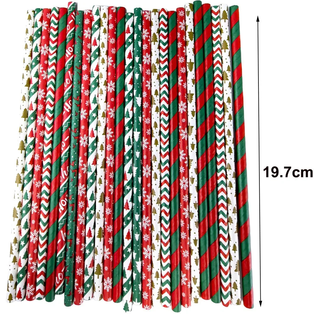 25pcs Biodegradable Christmas Paper Straws Dots Stripes Waves Straws for Beverage Christmas Holiday Birthday Party Decorations