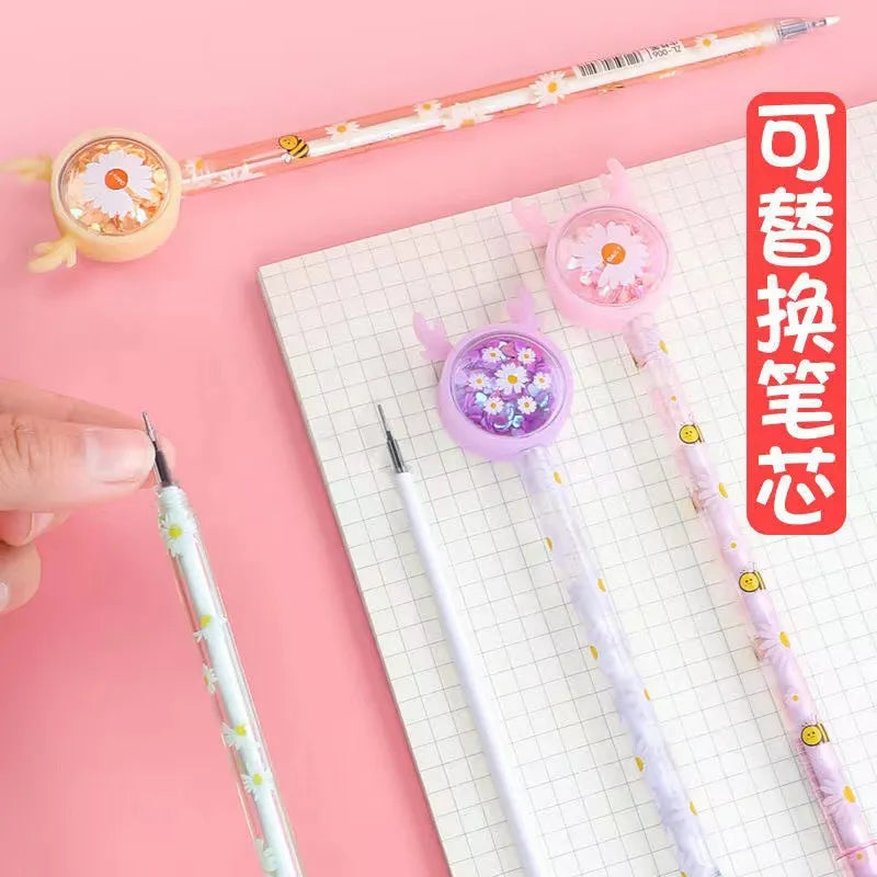 10/20/50/100pcs/set Kawaii Sequin Gel Pen Cute Butterfly Bunny Fawn Daisy Signature Pen 0.5mm Black Ink Office School Gifts 2023