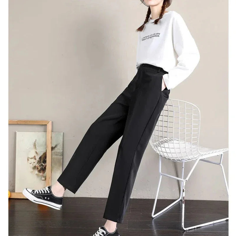 Women's Clothing Spring Autumn Solid Color Button Zipper High Waist Pockets Casual Trousers Trouser Suits Formal Cropped Pants