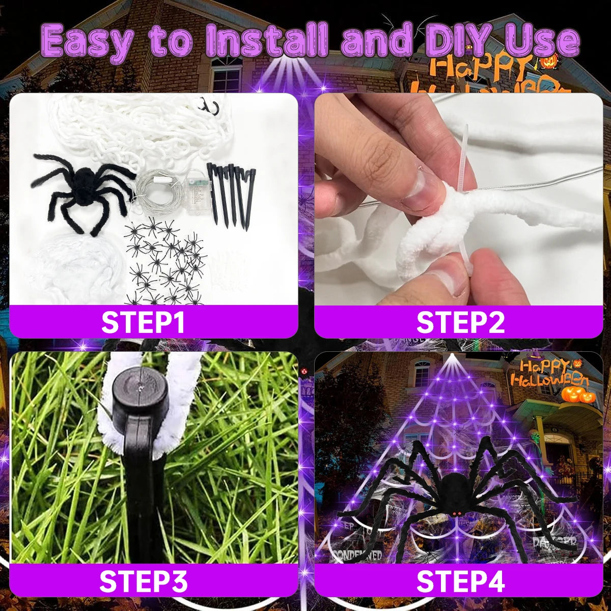 1 Pack Halloween Spider Outdoor Decoration Net Lights Including Giant Spider Web And 200LED Purple String Light For Home Decor