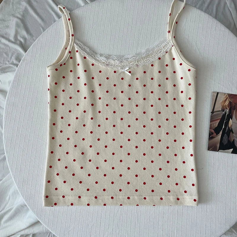 Floral Eyelet Sweet Slim Tank Tops Women Lace Trim Bow Cotton Sleeveless Summer Camisole Female Preppy Style Cute Slim Crop Top