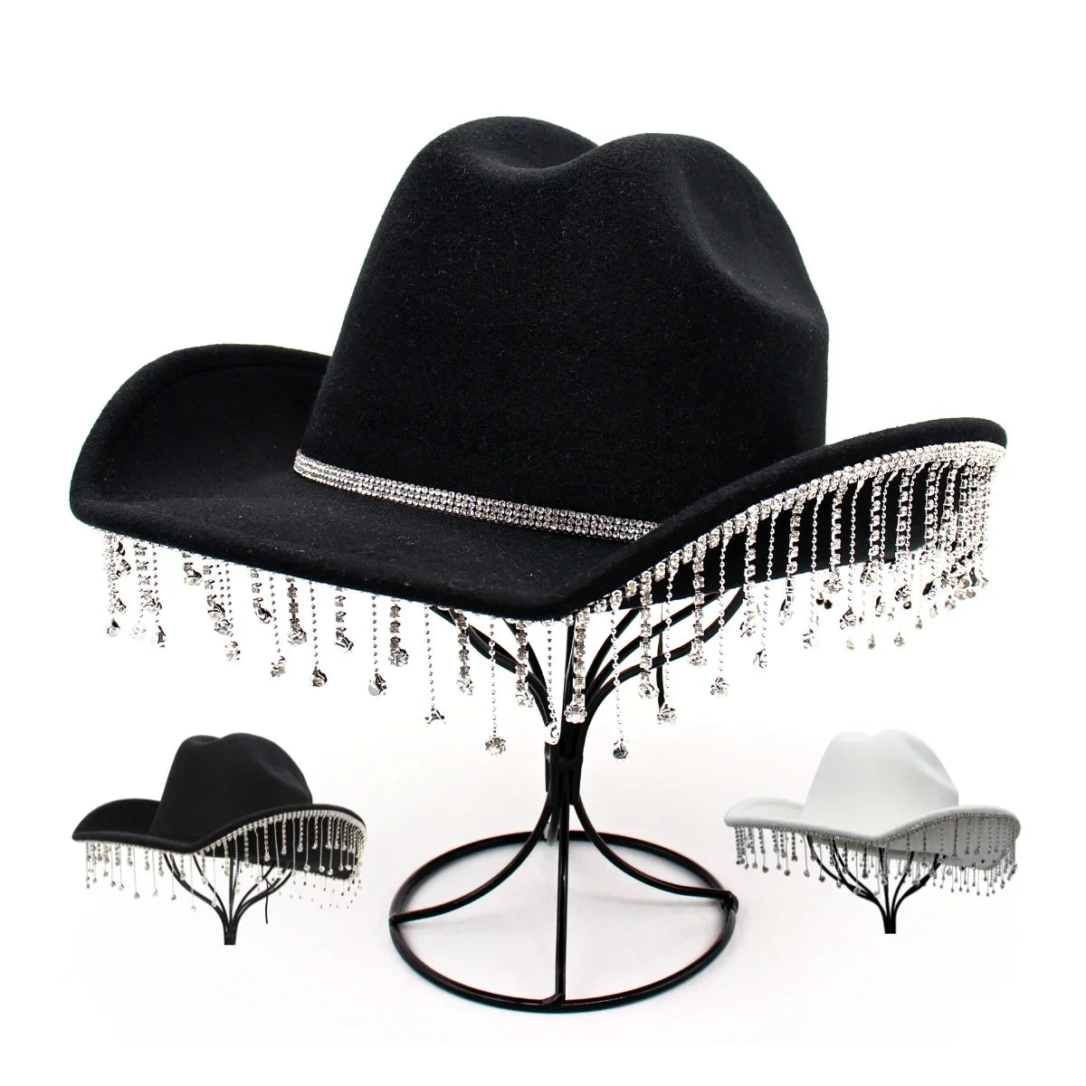 Fluorescent Colorful Tassel Women's Cowboy Hat Rhinestone Fringe Black Western Cowgirl Hats Bride Crystal Solid Party Dress Hats