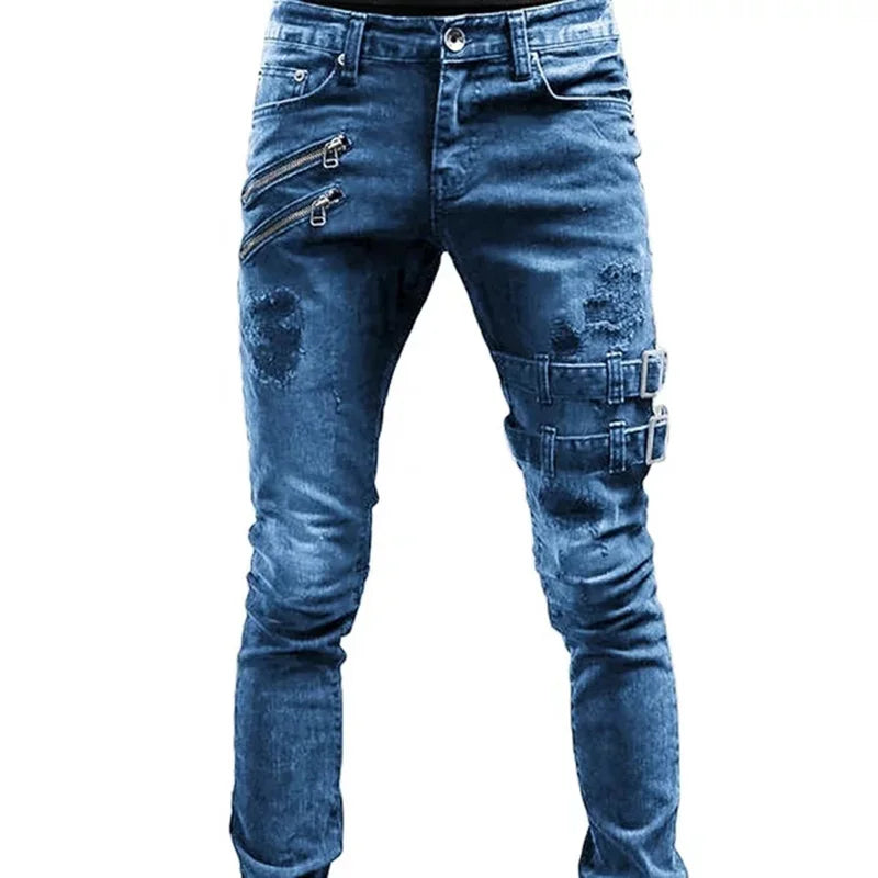 Men Zipper Hole Streetwear Punk Skinny Denim Cargo Pants Pantalones Y2K Clothing Retro Moto Biker Straight Elastic Jeans