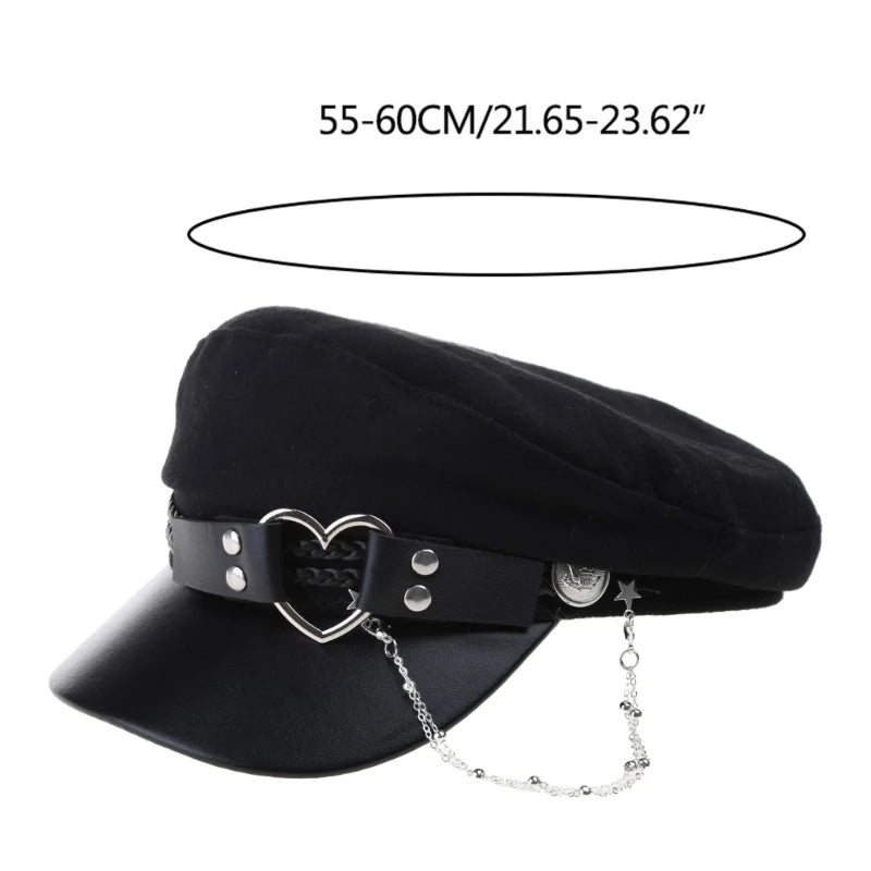 Lolita Girls Felt Beret Cap with Love Heart Buckle Belt Women Fashion Tassel Chain Octagonal Hat Adult Teens Party Cosplay Hat