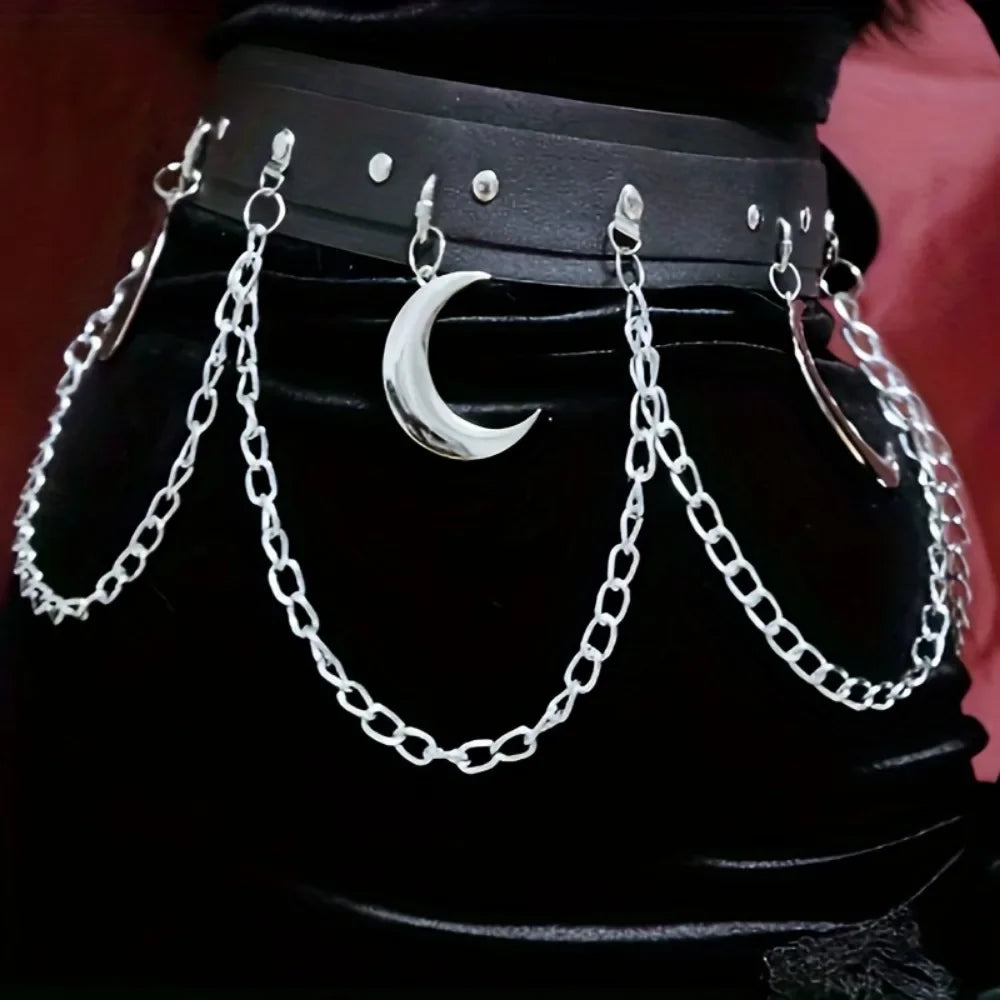 Moon Pendant Chain Fringe Goth Belt Punk Black PU Leather Belts Vintage Waistband For Women Girls