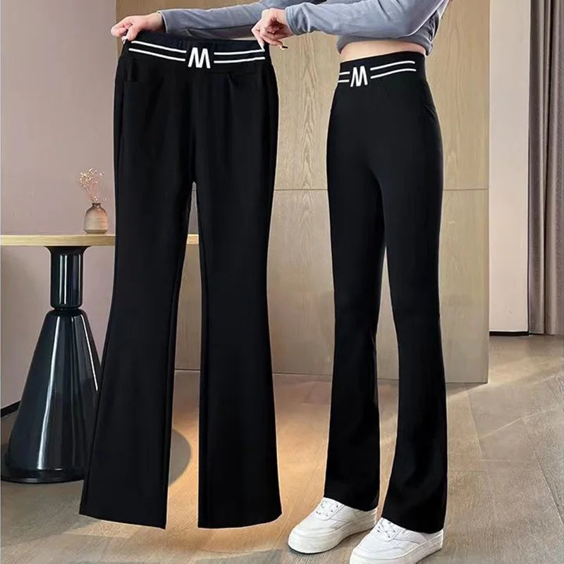 2023 Autumn New All-match Letter Black Elastic Waist Flare Ladies Casual Patchwork Solid Color High Waist Straight Slim Trousers