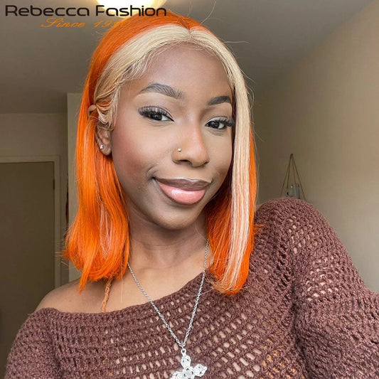 Short Cut Ginger Blonde Ombre Straight Bob T Lace Wigs Human Hair Pre Plucked Brazilian Straight Lace Front Human Hair Lace Wigs