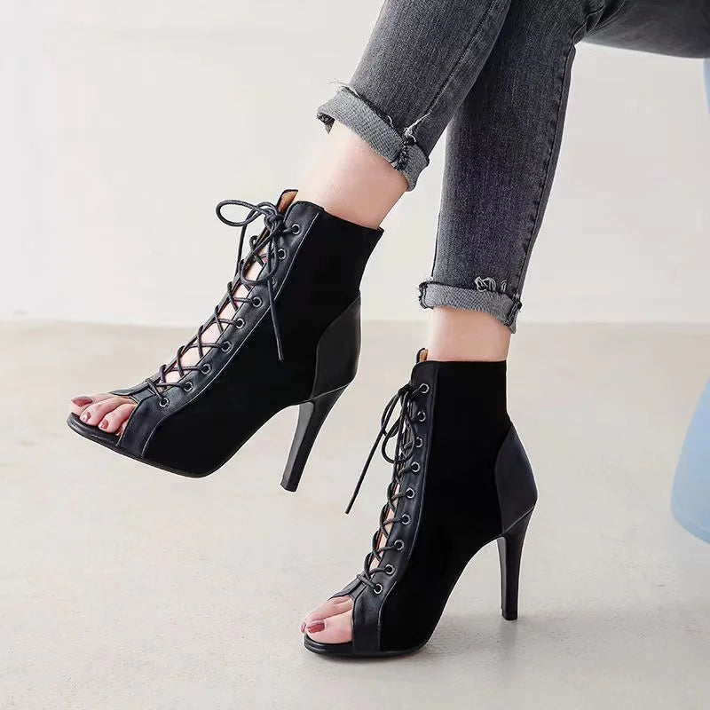 Sandals Hollow Mesh Heels Women's Shoes Summer 2022 Trend Black Lace-Up Sexy Peep Toe Boots Stilettos Jazz Dance Female Shoes