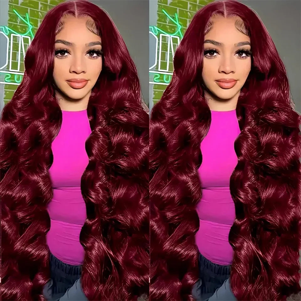 99J Burgundy Lace Front Wigs Human Hair For Women 360 Body Wave Transparent Lace Frontal Wigs Red Colored Wig Pre Plucked 180%