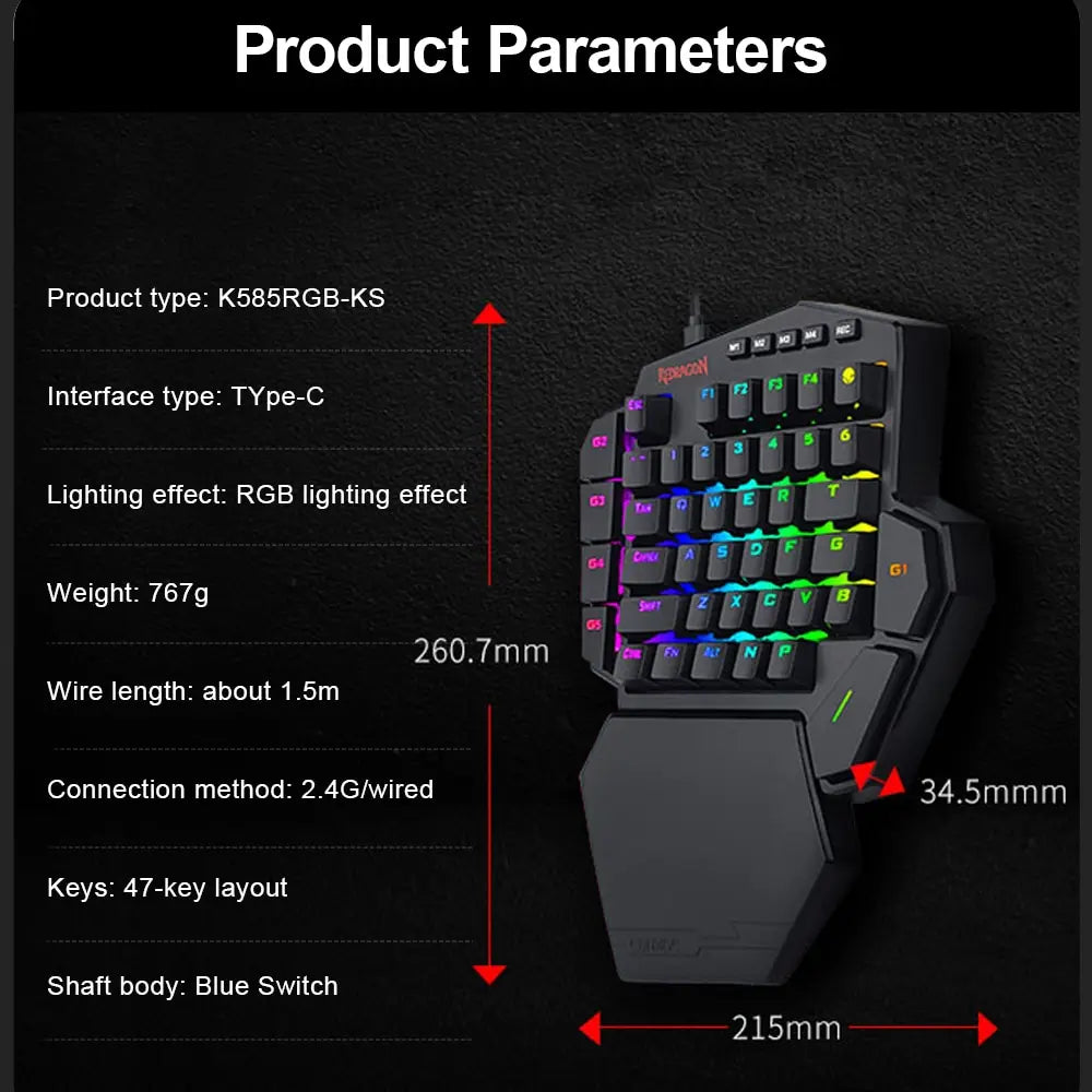 REDRAGON DITI ELITE K585 RGB 42 Key 2.4Ghz Wireless One-handed Mechanical Gaming Keyboard Blue Switch 7 Programmable Macro Keys