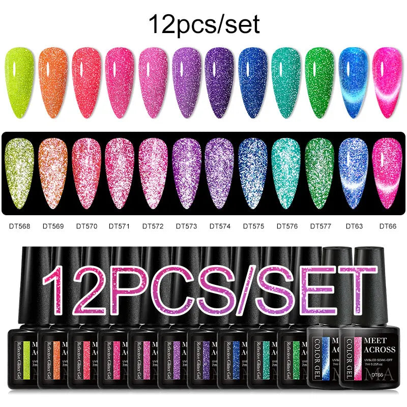 12pc Glitter Cat Magnetic Gel Set Cat Gel Eyes Polish Holographic Reflective Semi Permanent UV Gel Soak Off Sparkling Nail Art