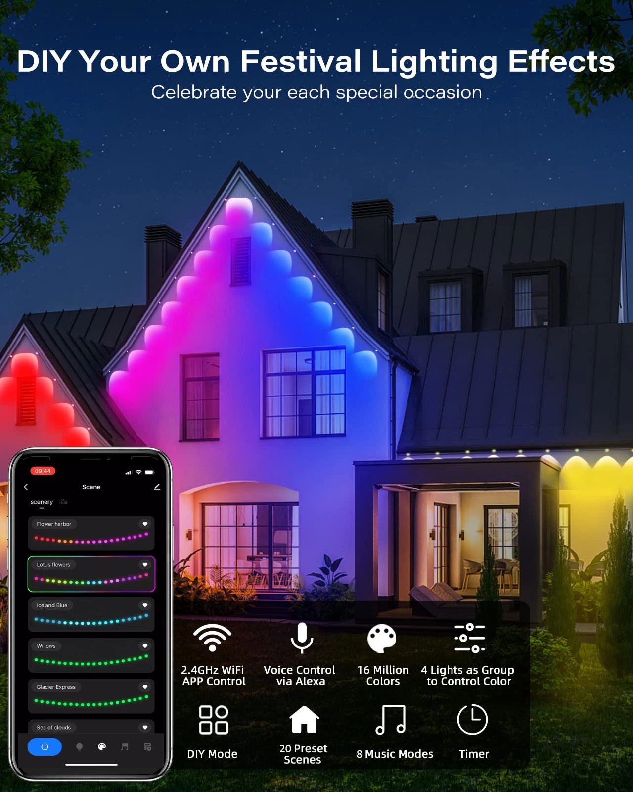 Wiscolor Smart WIFI RGBIC Eaves Lights Permanent Outdoor Lights Outdoor Waterproof Light Strings Support Alexa, Google Assistant