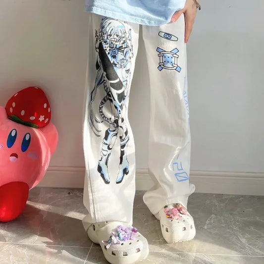 Y2K Anime Print White Pants Women Harajuku Manga Subculture Wide Leg Trousers Japanese Style Kawaii Cartoon Sweatpants