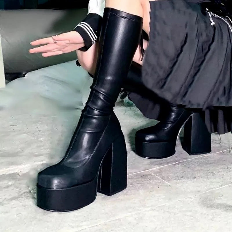 2022 New Boots Woman Over-the-Knee Platform Gothic High Heels Punk Style Rock Winter Women's Boots Size 35-43 Botas Femininas PU