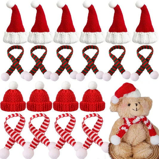 Mini Christmas Knitted Hat & Scarf Small Santa Costume for Cat Rabbit Doll Lollipop Bottle Cap DIY Xmas Party Dinner Decoration