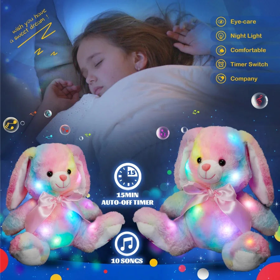 Luminous Cotton Bunny Plush Toys Throw Cute Pillow LED Lights Music Rainbow Stuffed Animals Easter Rabbit Gift for Kids Girls