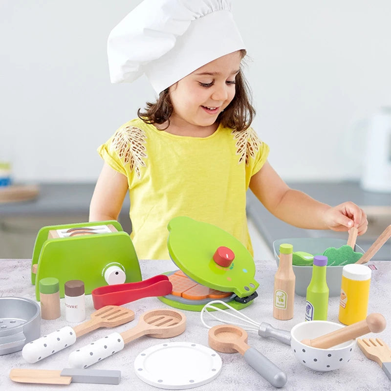 Children Kitchen Toys DIY Cooking Pretend Play Simulation Wooden Kitchen Food Toys For Kids Toy Set