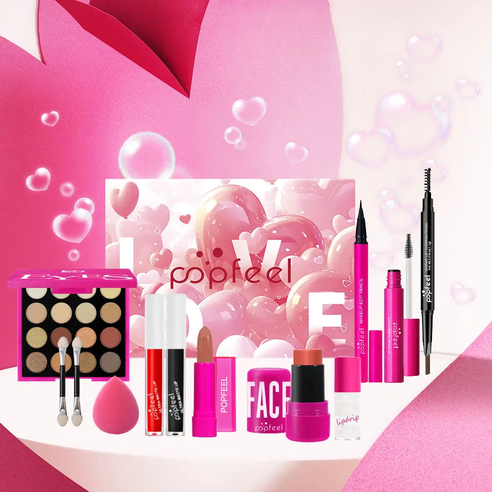 POPFEEL 12-Piece Valentine's Day Makeup Set - Includes Eyeshadow, Blush, Lipstick, Lip Gloss, Mascara, Eyebrow Pencil, Eyeliner.