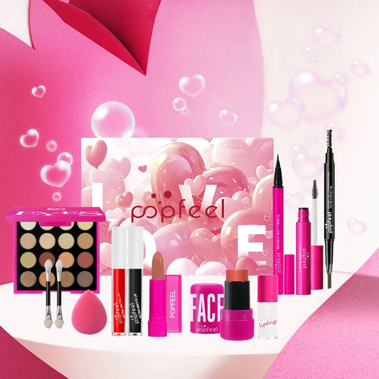 POPFEEL 12-Piece Valentine's Day Makeup Set - Includes Eyeshadow, Blush, Lipstick, Lip Gloss, Mascara, Eyebrow Pencil, Eyeliner.