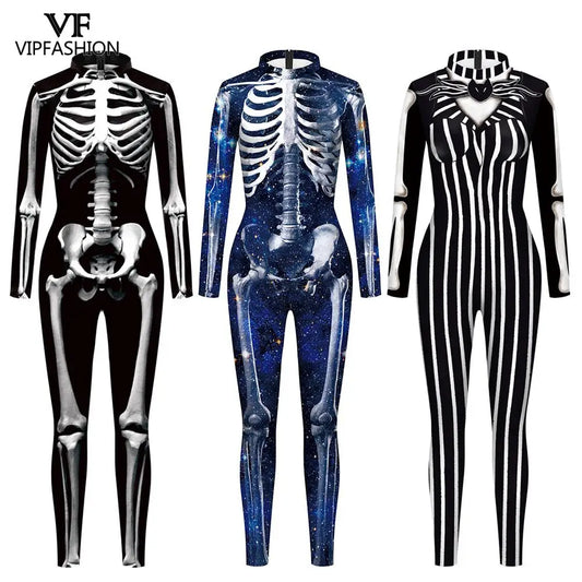 VIP FASHION Adult Skeleton Cospaly Costume Unisex Halloween Ghost Jumpsuit Carnival Party Zentai Bodysuit Scary Show Outfit Suit