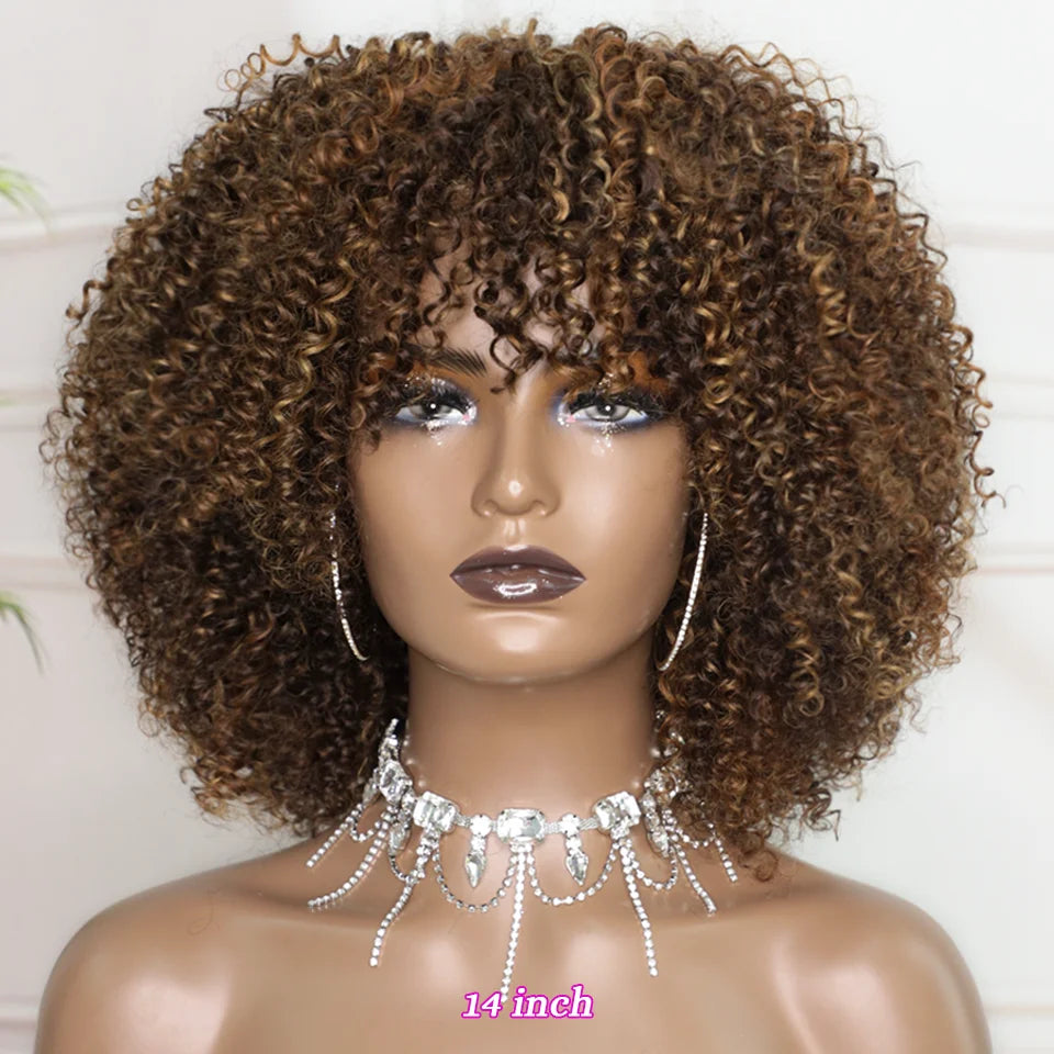 Short Curly Wig With Bangs Ready to Go Human Hair Afro Kinky Curly Wig Highlight Glueless Full Machine Made Wig 250 Density Remy