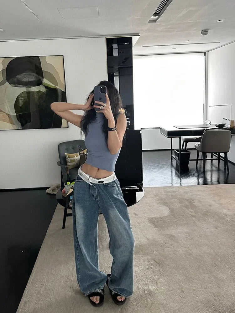 HOUZHOU Vintage Y2k Jeans Women Baggy Kpop Gyaru Streetwear Wide Blue Denim Pants Harajuku Korean Acubi Fashion High Waist Jeans