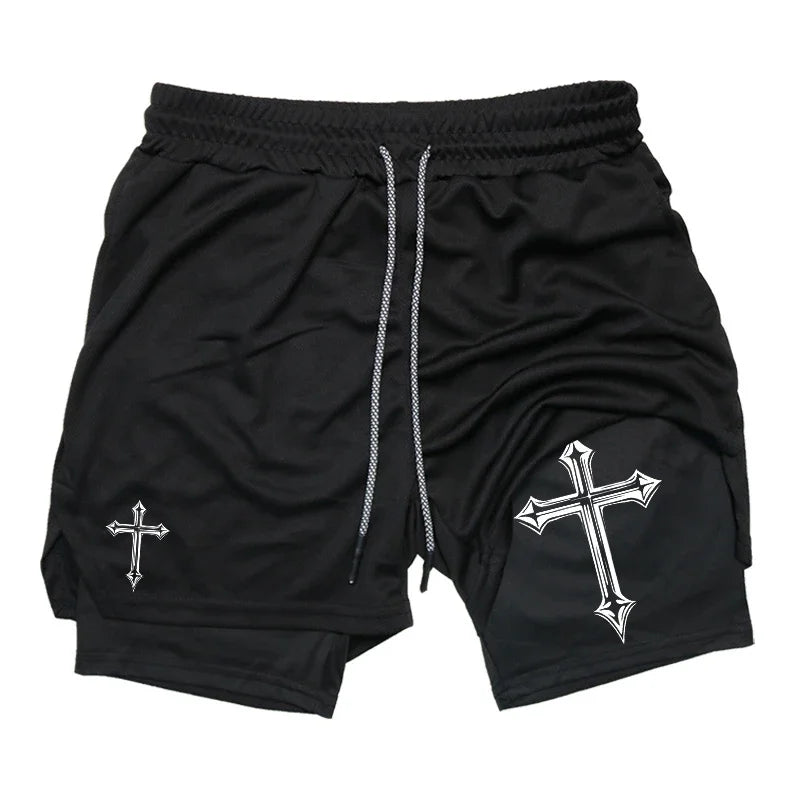 Cross Print 2 in 1 Workout Running Shorts for Men Christian Gym Athletic Shorts with Compression Liner Phone Pocket Towel Loop