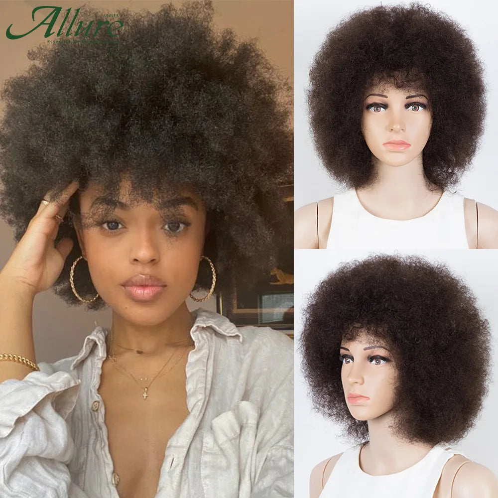 Fluffy Afro Kinky Curly Wig For Black Women Remy Brazilian Human Hair Short Sassy Wear to Go Wigs Natural Brown Burgundy Allure