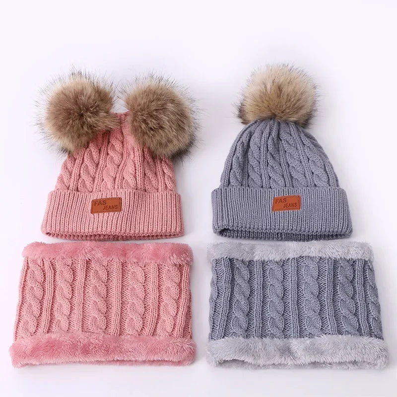 Double Pom-Pom Ball Twisted Knit Hat Scarf Gloves Set for Kids Winter Cute Children Boys Girls Beanie Hats Kniited Necker Warmer