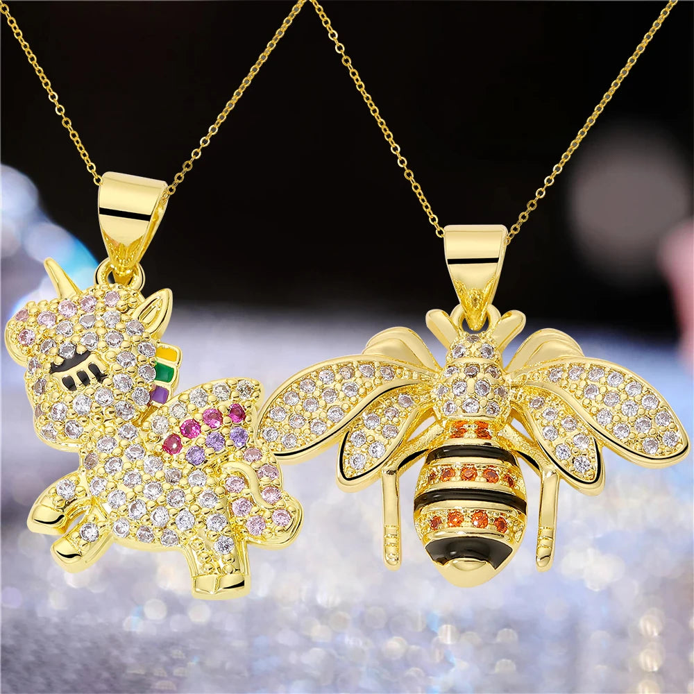 Juya 18K Real Gold Plated Micro Pave Zircon Butterfly Horse Bees Cat Leopard Pendant Necklace For Women Birthday Christmas Gift