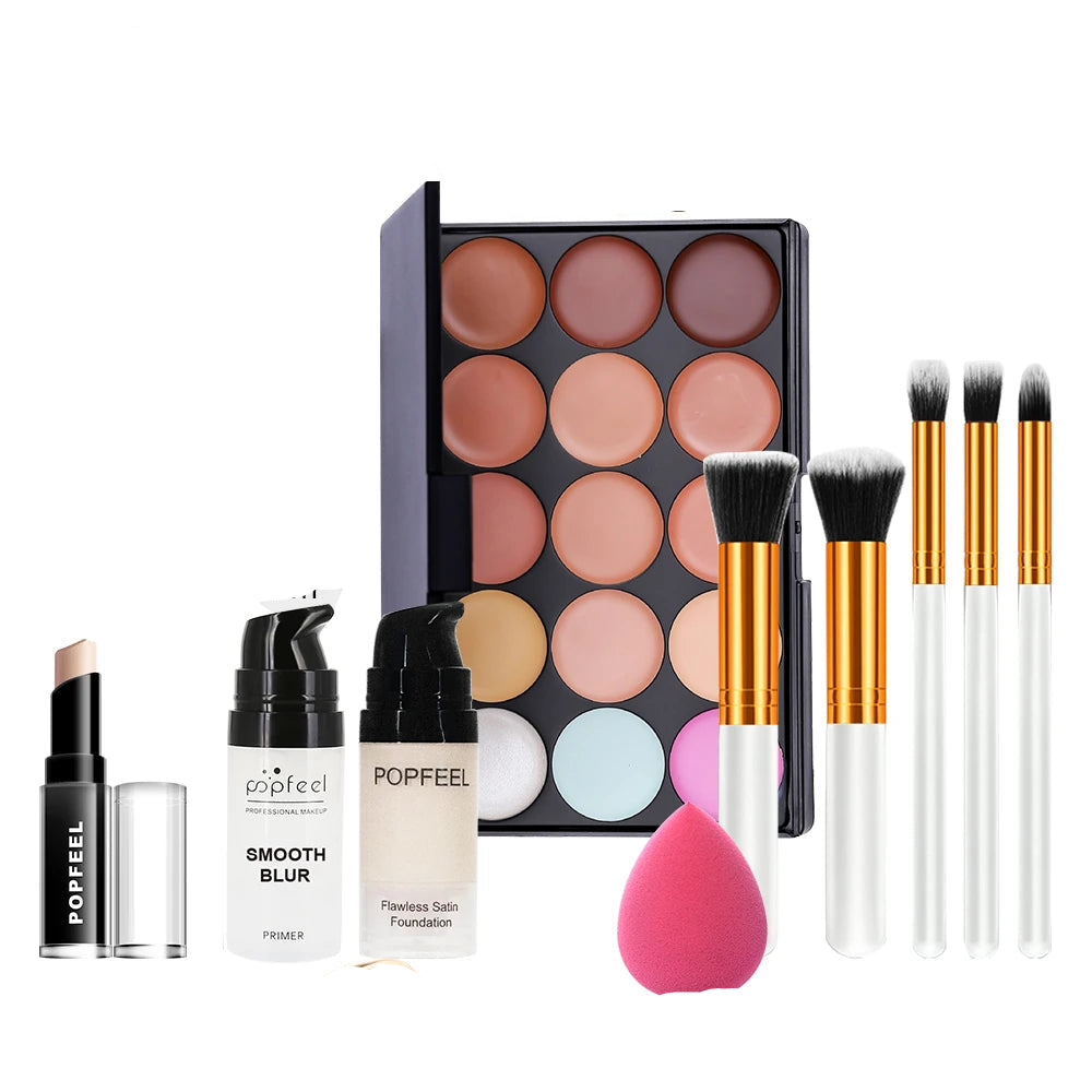 POPFEEL 10-Piece Face Makeup Set - Beginner-Friendly Foundation, Concealer & Brush Combo - Complete Face Makeup Kit for Flawless