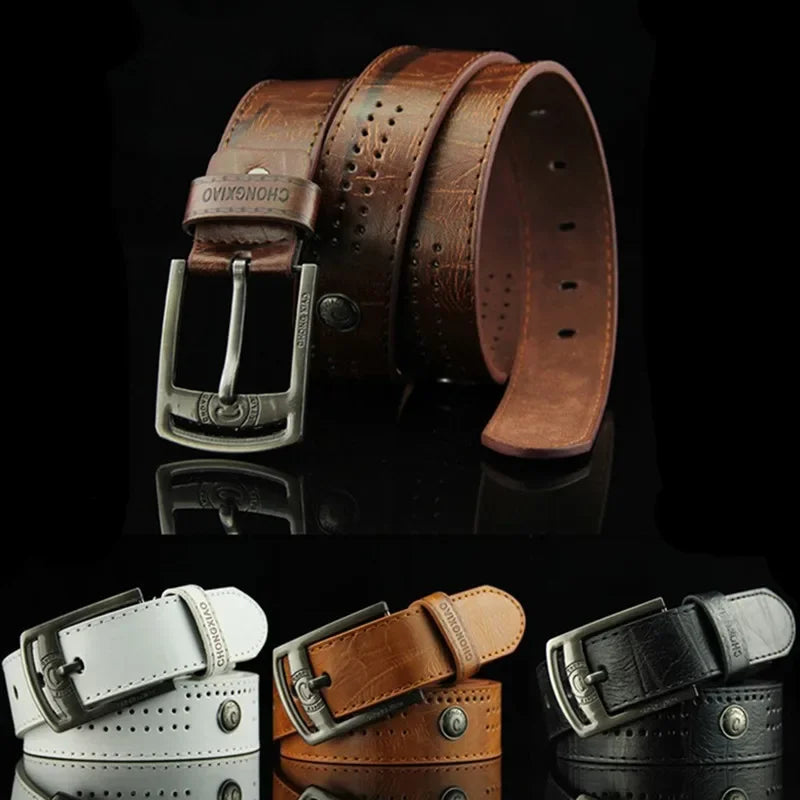 Men Casual Waist Belt Men Hollow Rivet Punk Style Wide PU Leather Belt for New Fashion Strap Male High Quality Jeans Men's Belt