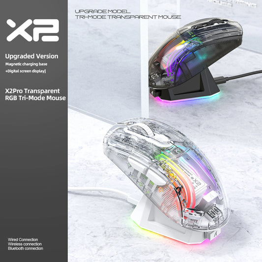 Attack Shark X2 Pro Magnetic Charging Bluetooth Mouse, Tri-Mode , RGB Lights, Transparent, Battery Indicator, Computer Phone