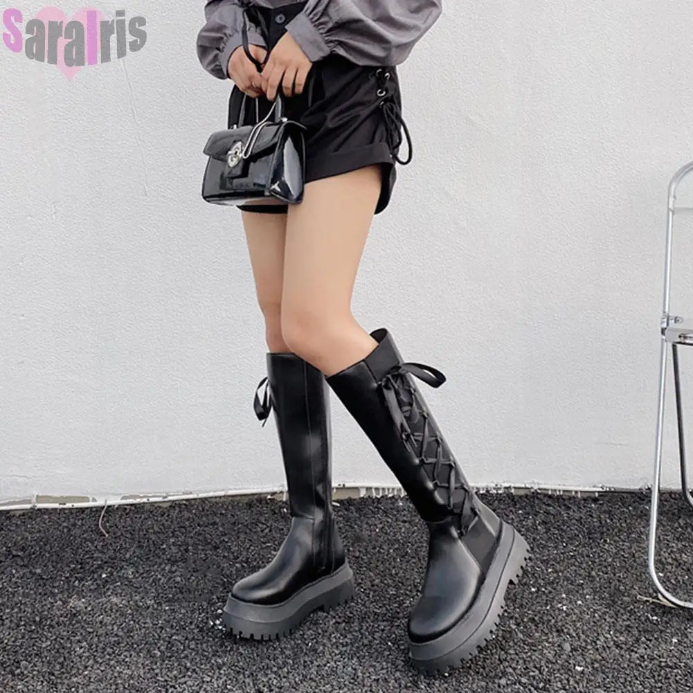 Brand New 2023 Design Women Mid Calf Boots Platform Goth Street Chunky Heeels Punk INS Hot Long Boots Black Trendy Shoes Woman