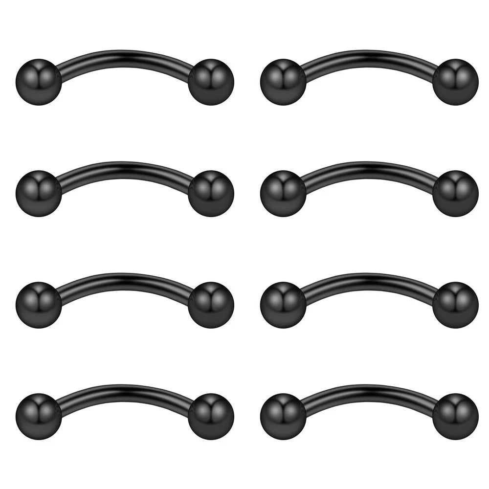 8PCS Eyebrow Piercing Jewelry Curved Barbell with Ball/Spike Kit Eyebrow Tragus Lip Ring 16 Gauge 6/8/10/12mm Black