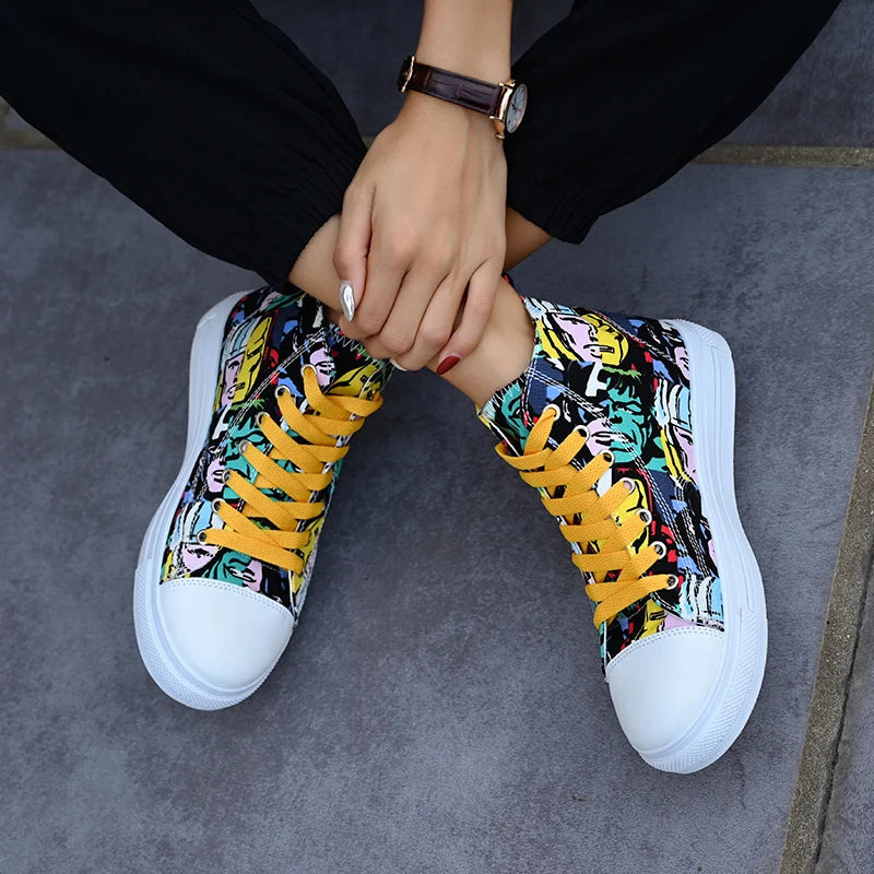 Couple Colorful Canvas Shoes Men High-top Lace Up Flats Graffiti Vamp Female Spring Summer Casual Sneakers Size 35-44 Chaussure