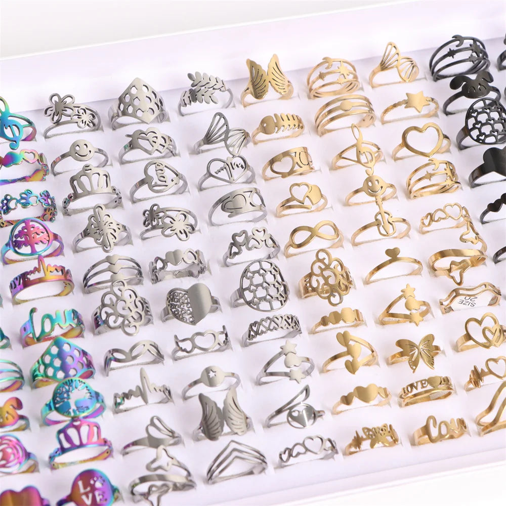 10/20Pcs/Lot Fashion Classic Stripe Stainless Steel Ring For Women Men Zircon Crystal Spinner Punk Spikes Jewelry Gift Mix Style