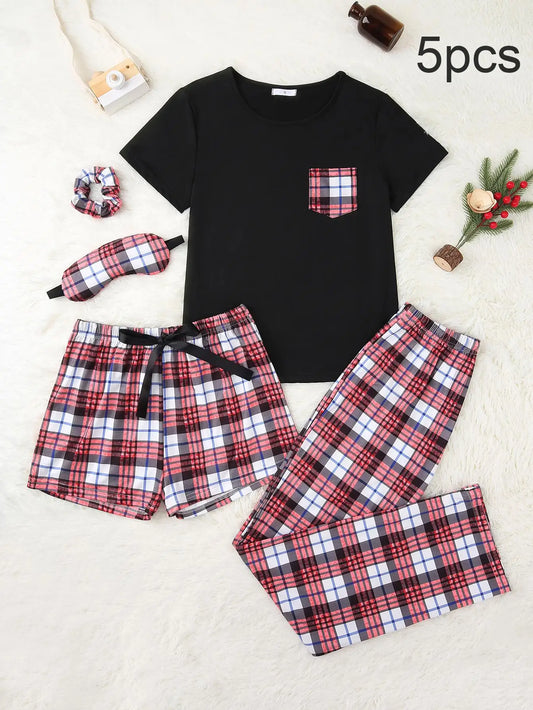 5 Pcs Women's Pajama Set Short Sleeves O Neck Top & Plaid Shorts & Full-Length Pants Female Sleepwear Nightwear Homwaer Cloth