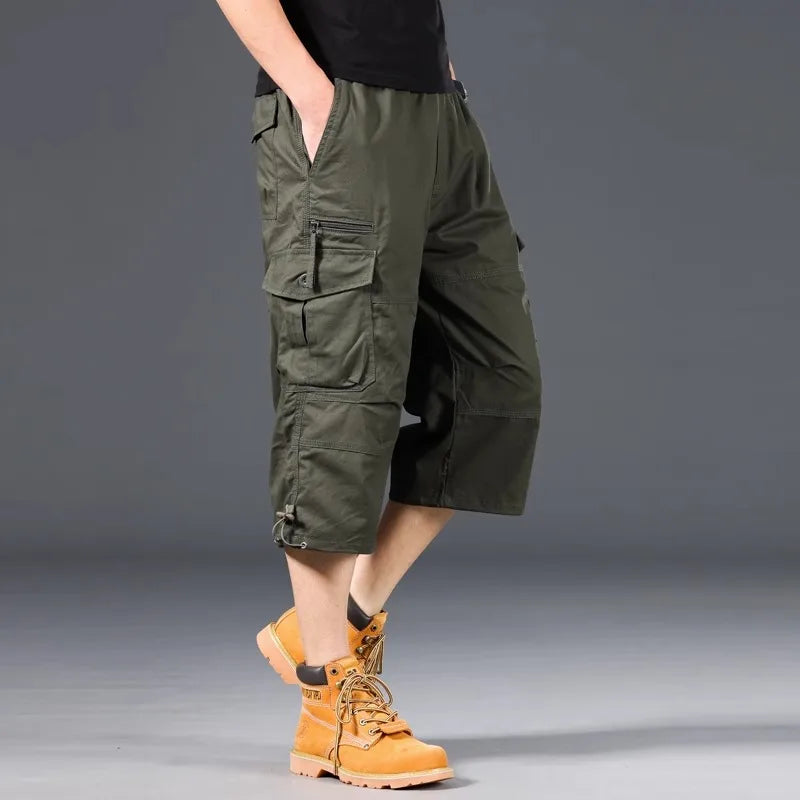 Summer Men's Cargo Shorts Loose Casual Below Knee Pants Elastic Waist Plus Size Outdoor Jogging Tactical Military Capri Pants