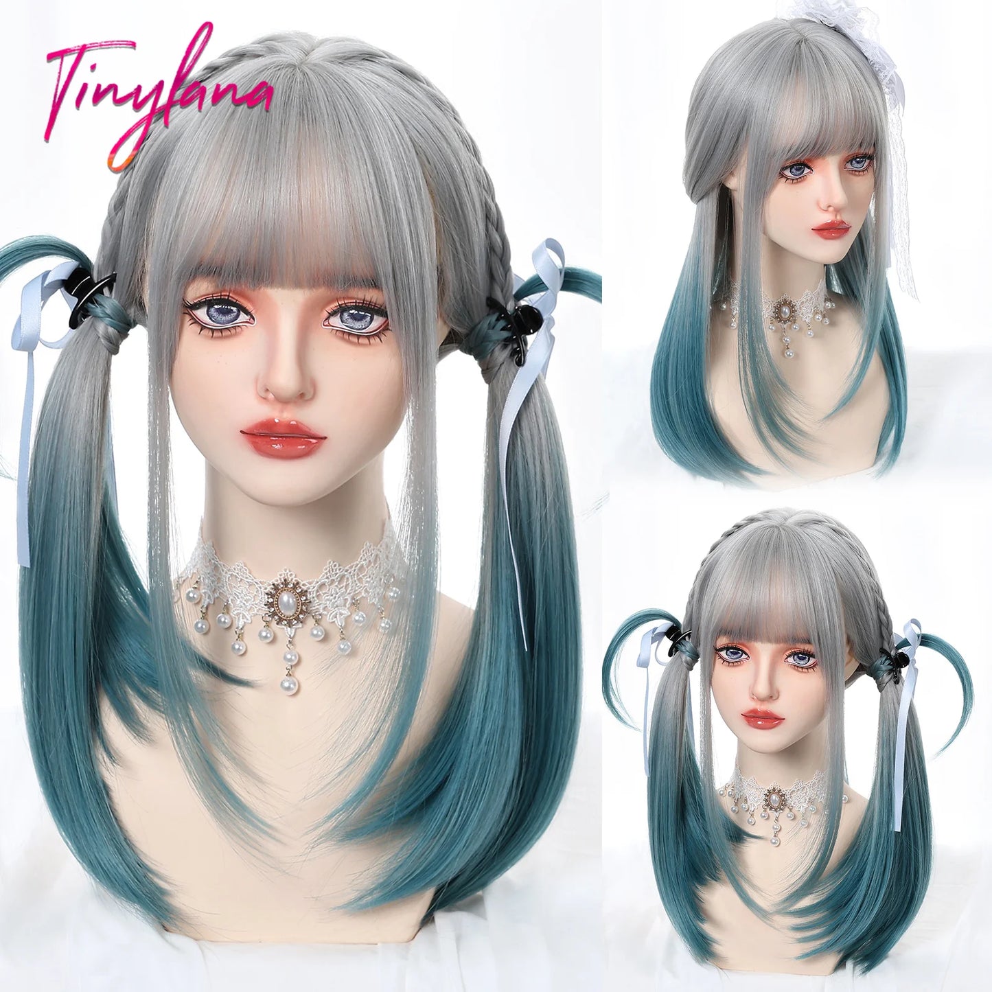 Long Ombre White Blue Synthetic Wigs with Bangs Blue Straight Colorful Cosplay Lolita Wig for Women Heat Resistant Natural Hair