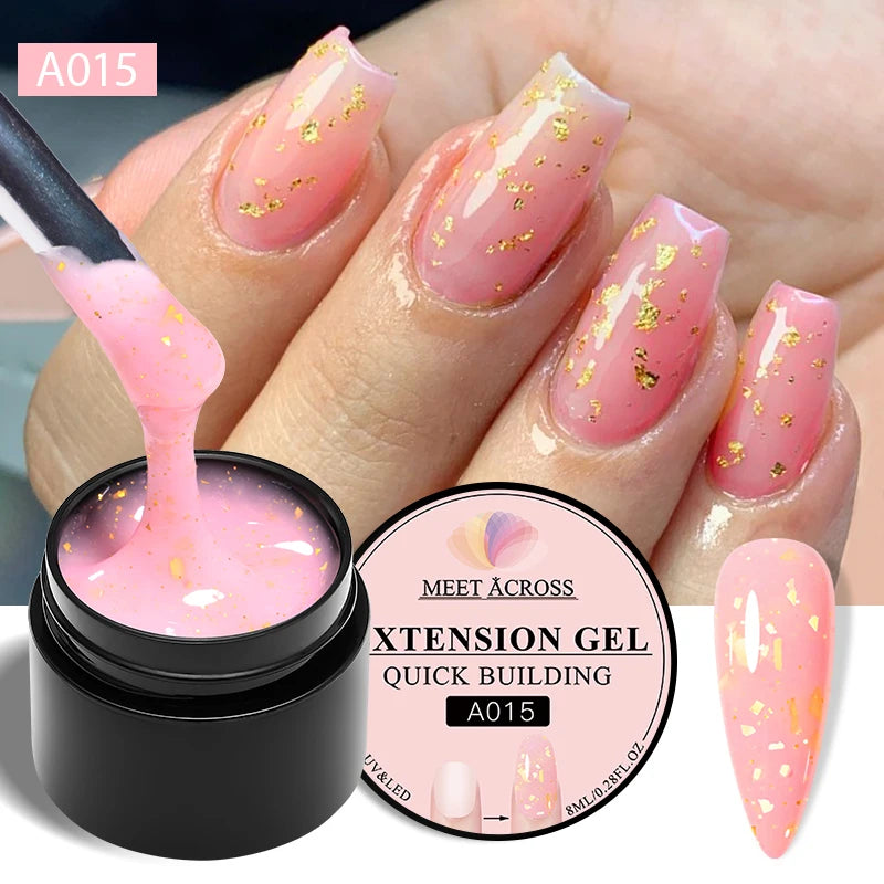 MEET ACROSS 7ML Pink Glitter Quick Extension Gel Nail Polish Gold Foils Effect Vernis Semi Permanent UV Gel Nail Art Hard Gel