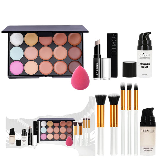 POPFEEL 10-Piece Face Makeup Set - Beginner-Friendly Foundation, Concealer & Brush Combo - Complete Face Makeup Kit for Flawless