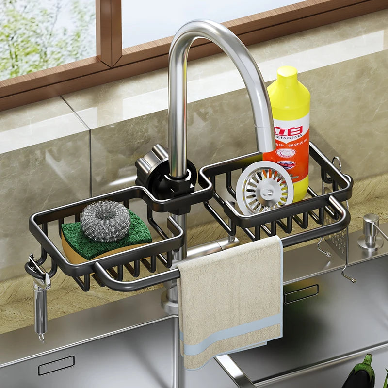 Kitchen Aluminum Sink Drain Rack Faucet Storage Holder Sponge Drainer Shelf Basket Soap Organizer Kitchen Bathroom Accessories