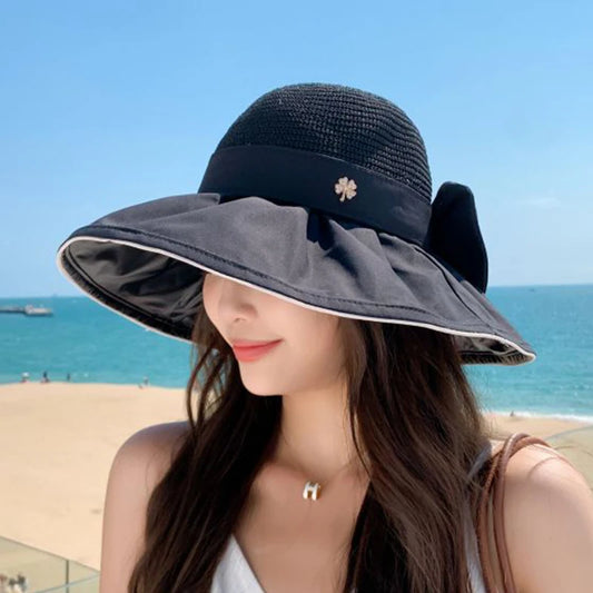 Ladies Summer Sun Hat with 4-Leaf Clover Knitted & Bow Knot, Anti-UV & Shade, Suitable for Beach & Outdoor