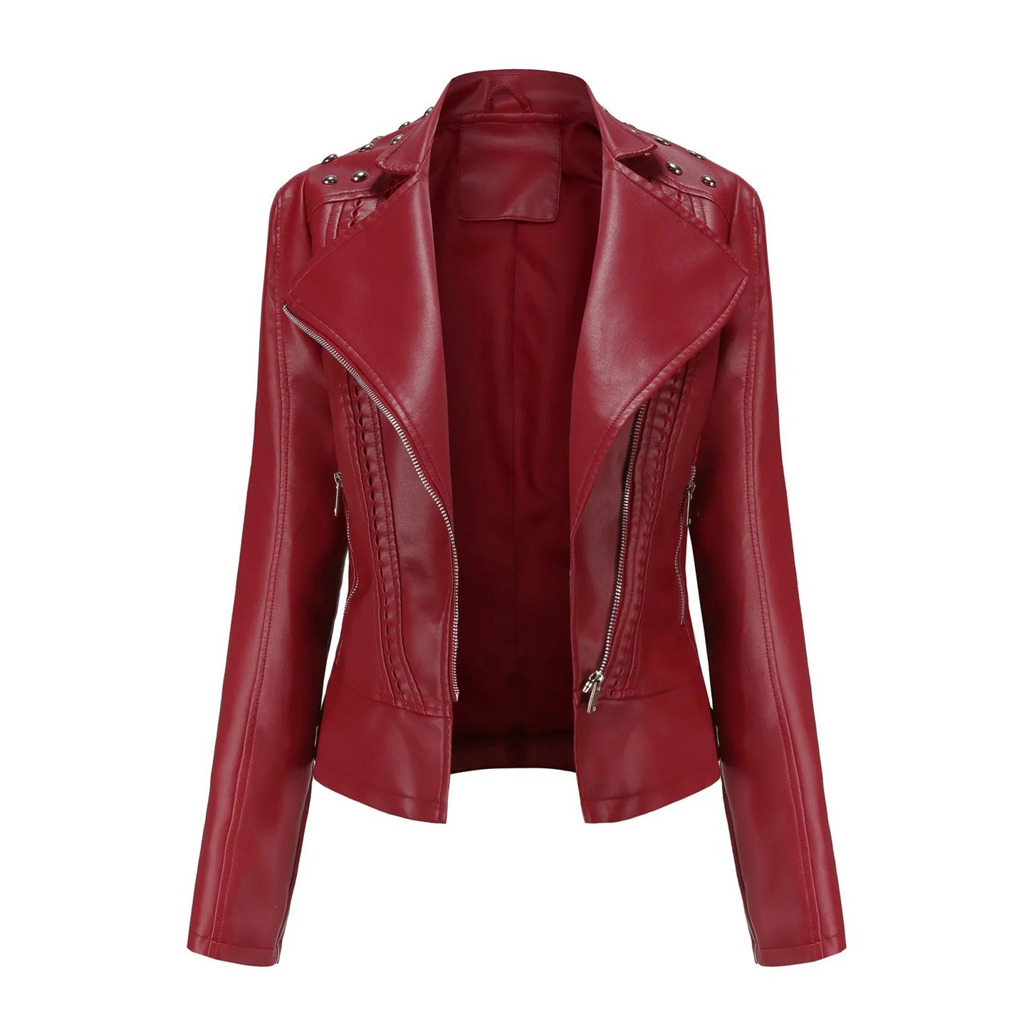 Women's Punk Rivet Leather Jacket Spring Autumn Retro Turndown Collar Slim Casual Ladies Faux Soft Leather Moto Biker Outerwear