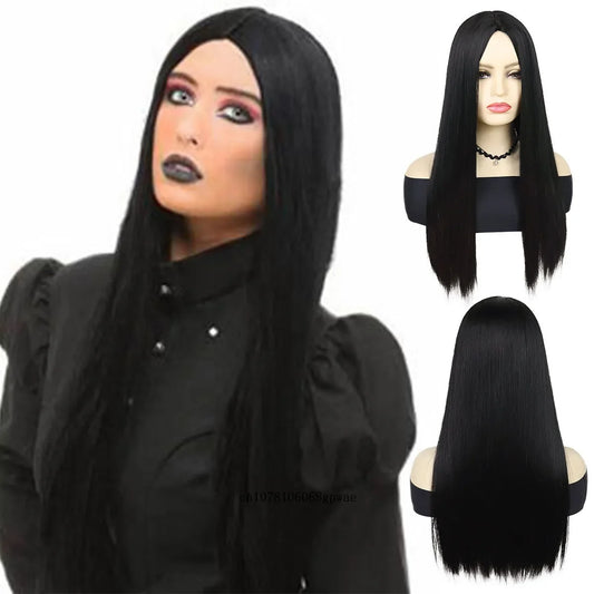 Women's Long Straight Black Synthetic Wigs Halloween Center Part Cosplay Wig for Girls Widnesday Mordicia Adams Costume Wig