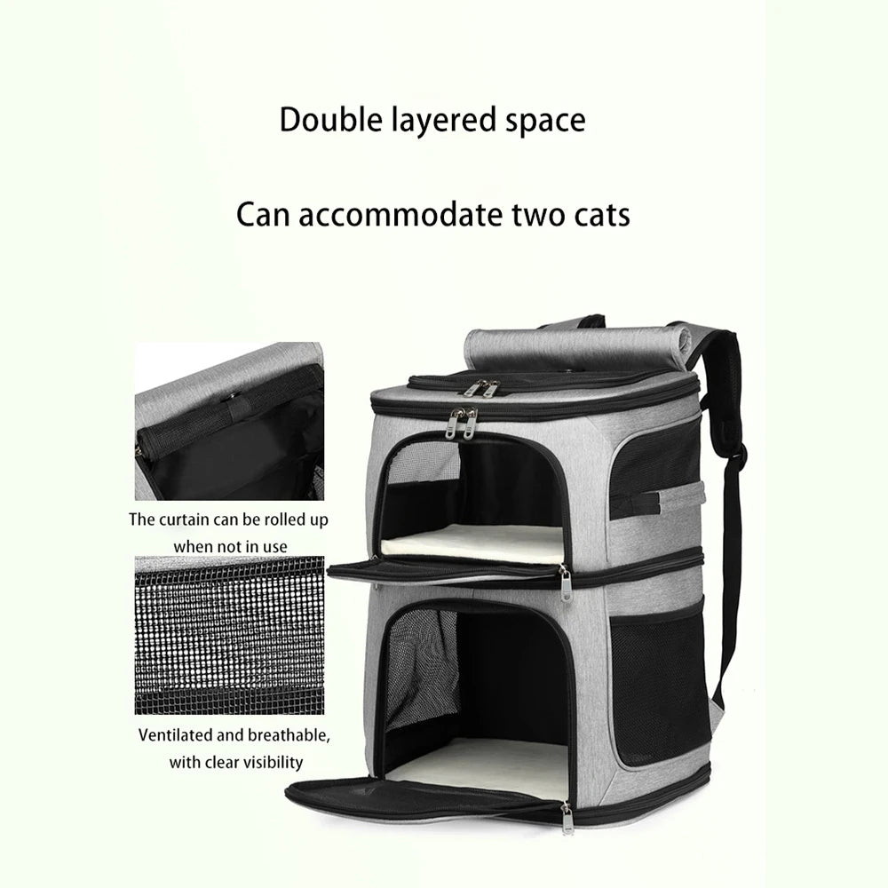 Double Layer Pet Backpack Oxford Cloth Portable Large Capacity Carrier Bag Can Accommodate Two Cat Outdoor Travel Cat Bag